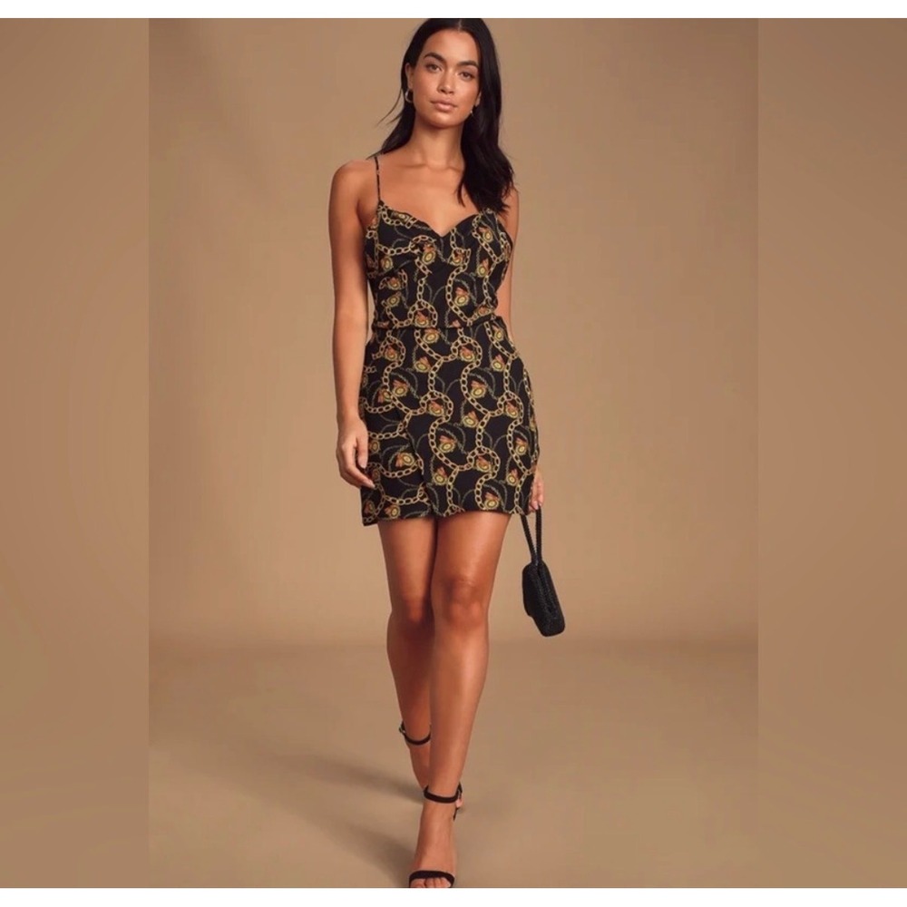 ASTR the Label Chain Print Faux Wrap Mini Dress XS Black Gold V Neck
